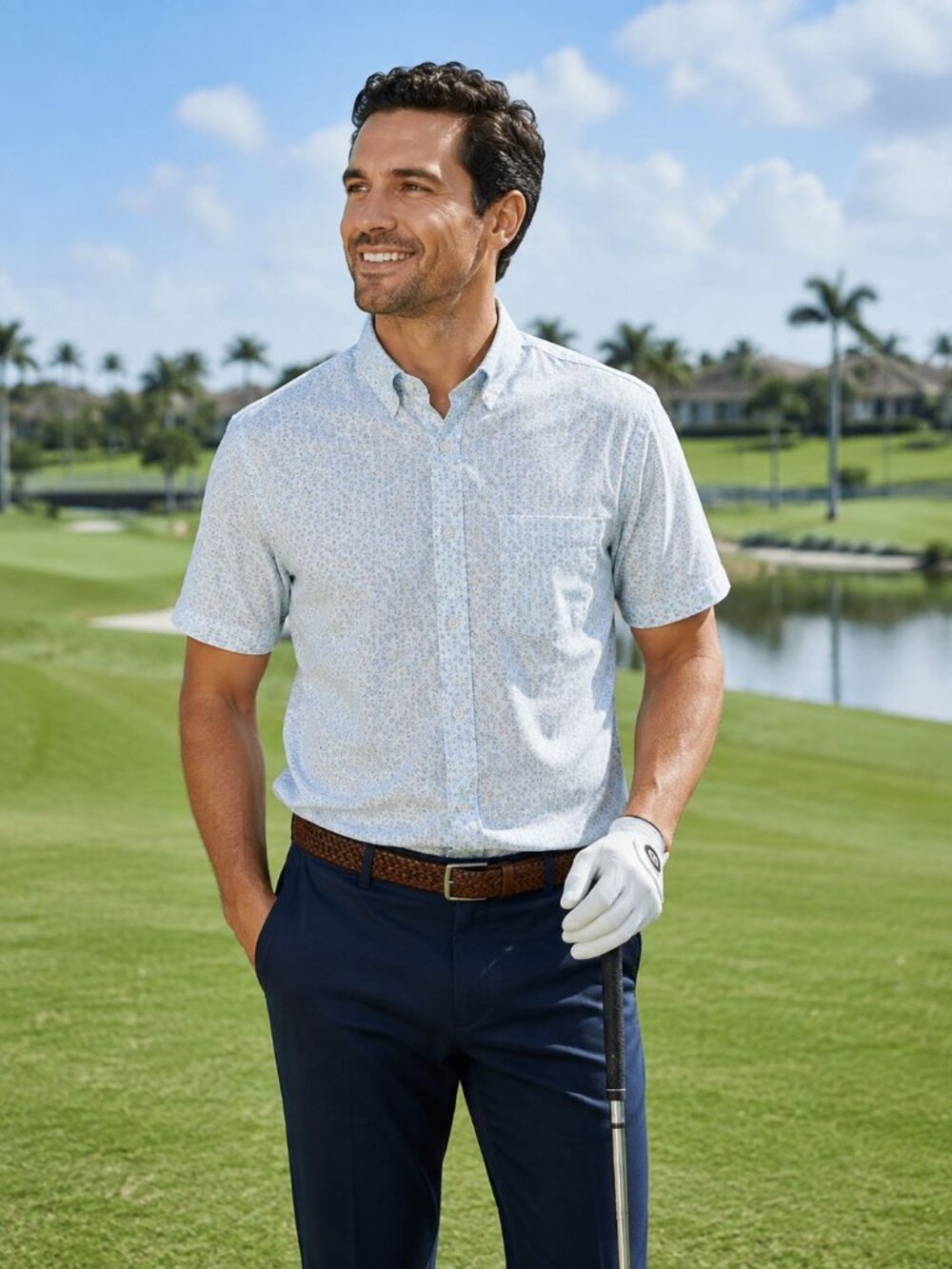 Peter Millar Men’s Short Sleeve Button Down Shirt L Blue Floral Preppy Coastal